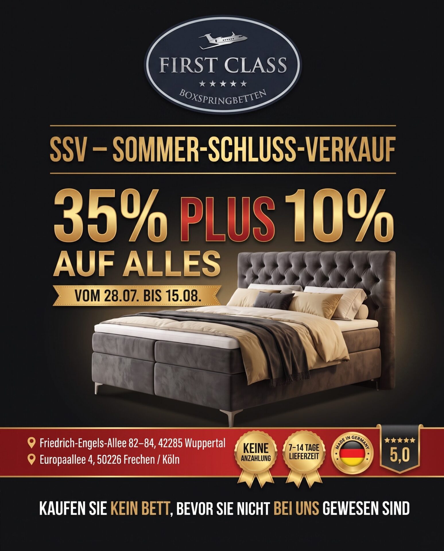 Boxspringbetten SSV Sommer-Schluss-Verkauf bei First Class – 35% plus 10% auf alles vom 28.07. bis 15.08., Made in Germany, Wuppertal und Köln